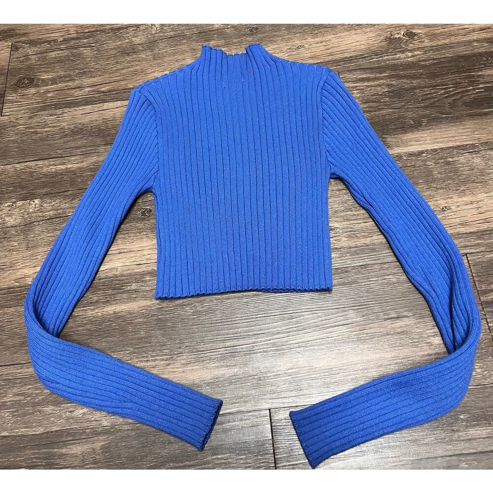 Edikted Blue Ribbed Mock Neck Crop Sweater Y2K Coquette Long Sleeve XS/S Bodycon - Picture 3 of 9